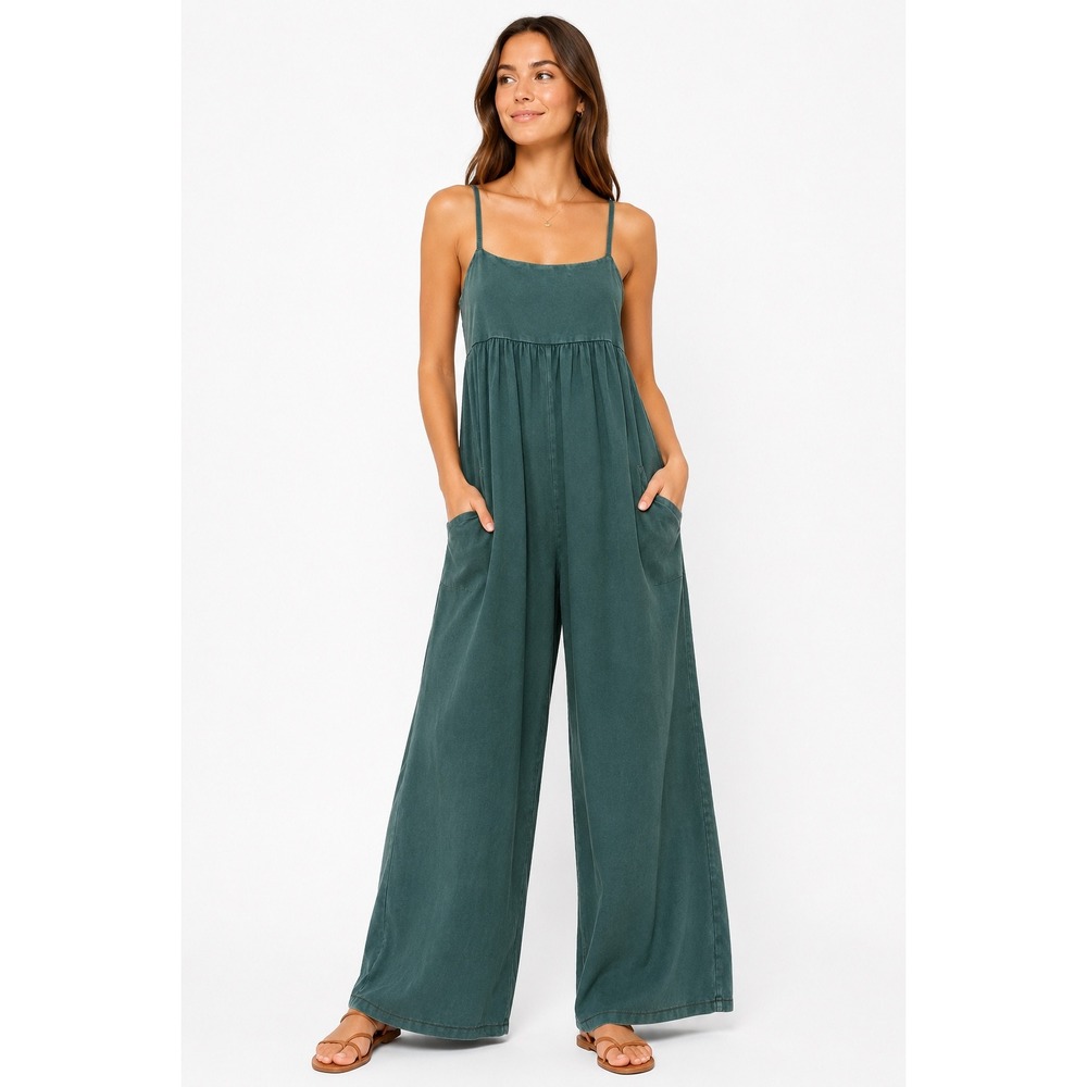FP Movement Hot Shot Jumpsuit Small Teal Green Wide Leg Adjustable Straps boho